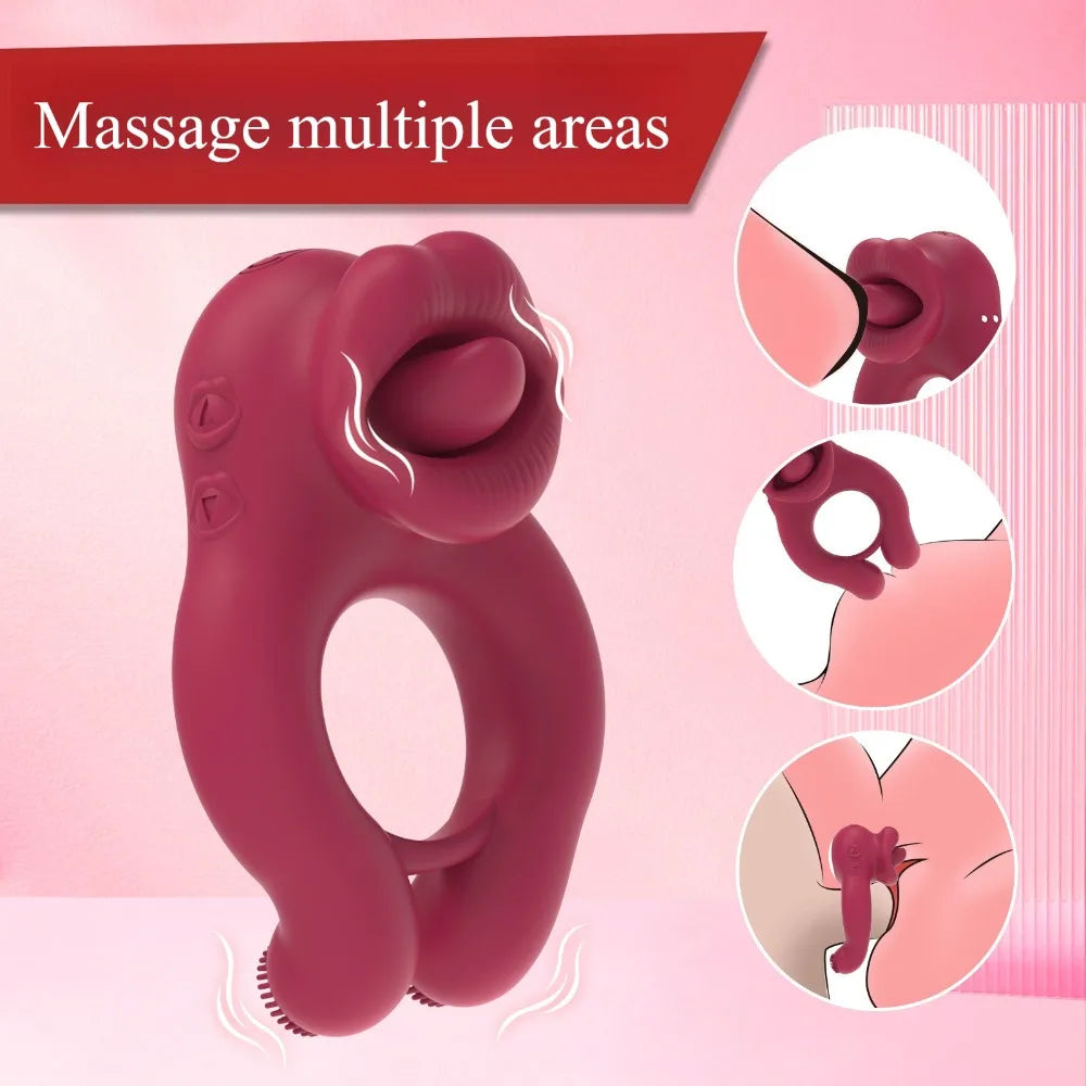 Tongue Licking Sucker Vibrator Cock Ring Clit Stimulator Vibrating Cock Ring Nipple Massager Sex Toy for Couple Flirt Adult Game